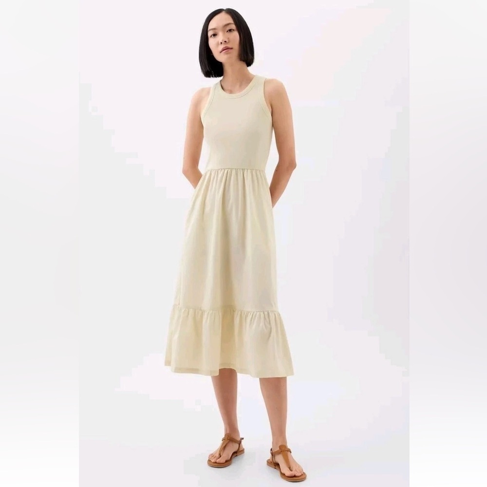 Gap Sleeveless Midi Dress Chino Poplin Skirt Racerback Tiered Tan Beige‎ Size S